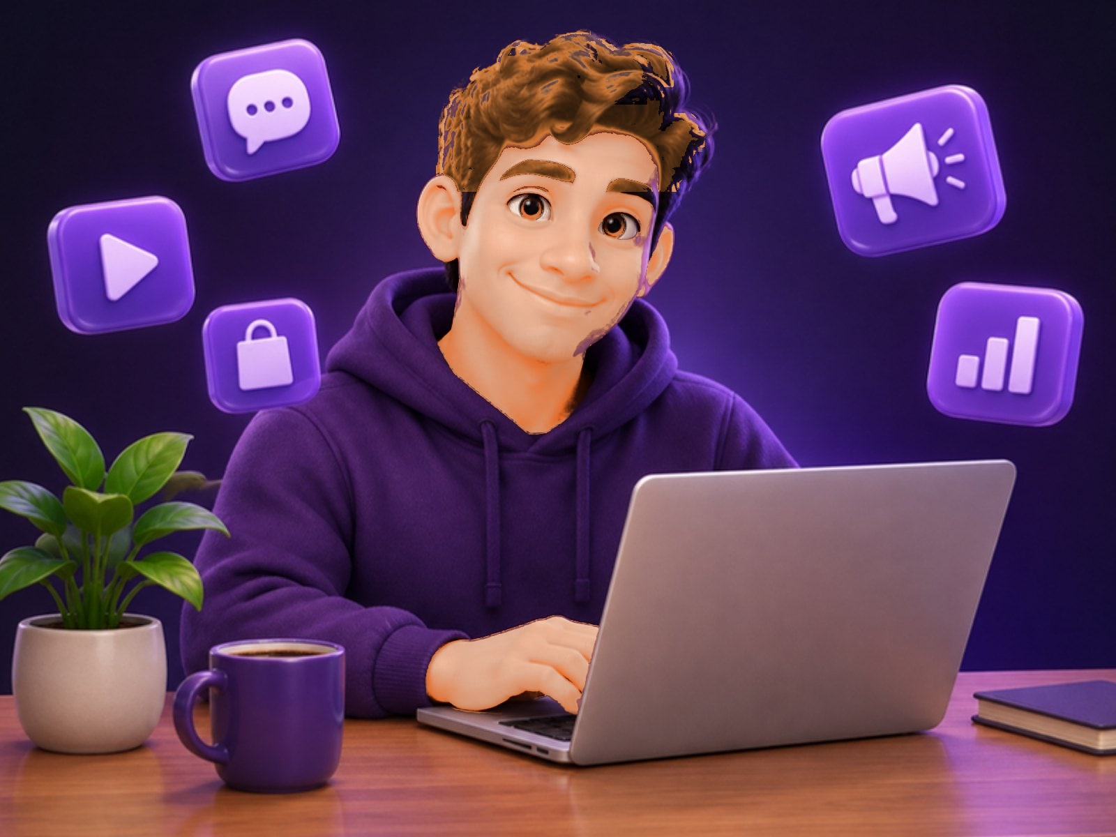 Personaje animado con buzo morado trabajando en su portátil, rodeado de íconos de mensajes, videos, compras, anuncios y métricas