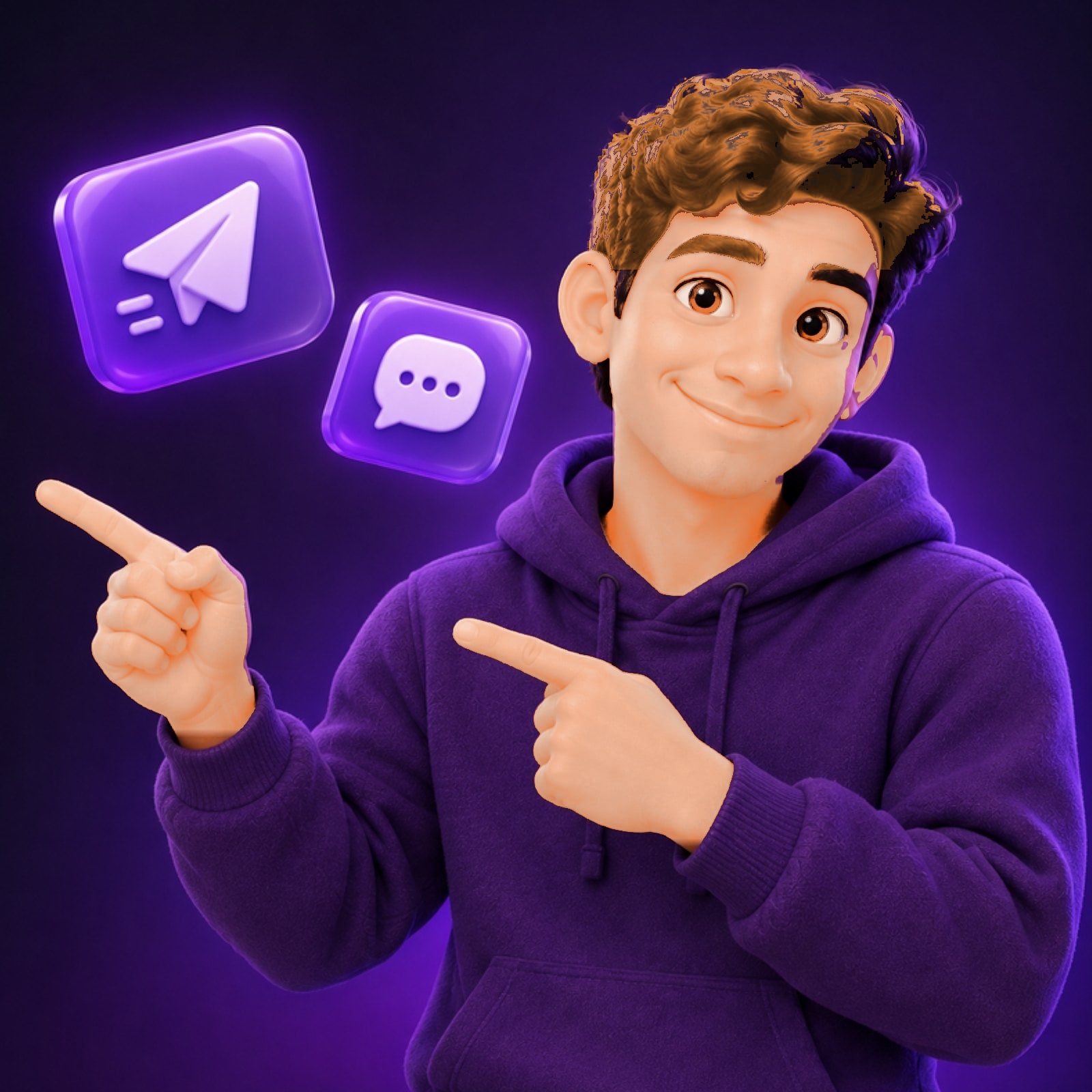 El personaje animado señalando con ambos dedos, junto a íconos de mensaje